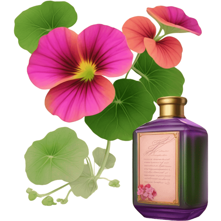 Aesthetic display of blush violet nasturtiums, an elegant deep pink perfume bottle, and a vintage love violet letter written in flowing script. emoji