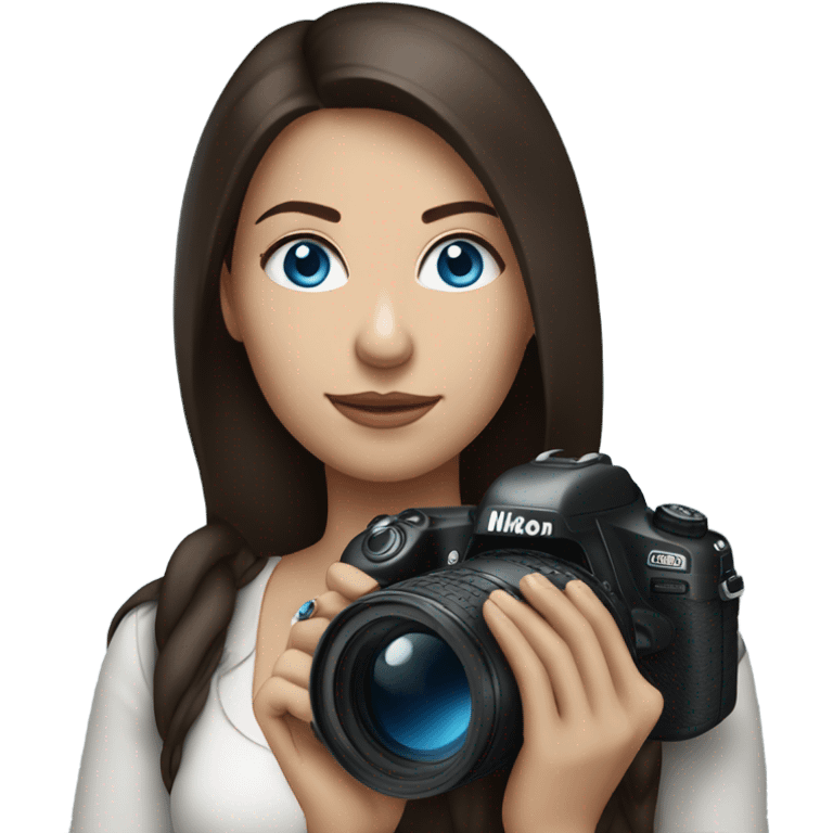 Portrait of woman with blue eyes and dark brown hair holding a nikon camera emoji