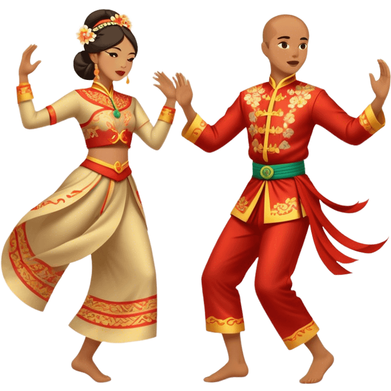 Cinematic Realistic scene of two performers executing a traditional Vietnamese folk dance, adorned in intricately patterned traditional costumes, captured in fluid motion with soft, culturally rich lighting emoji