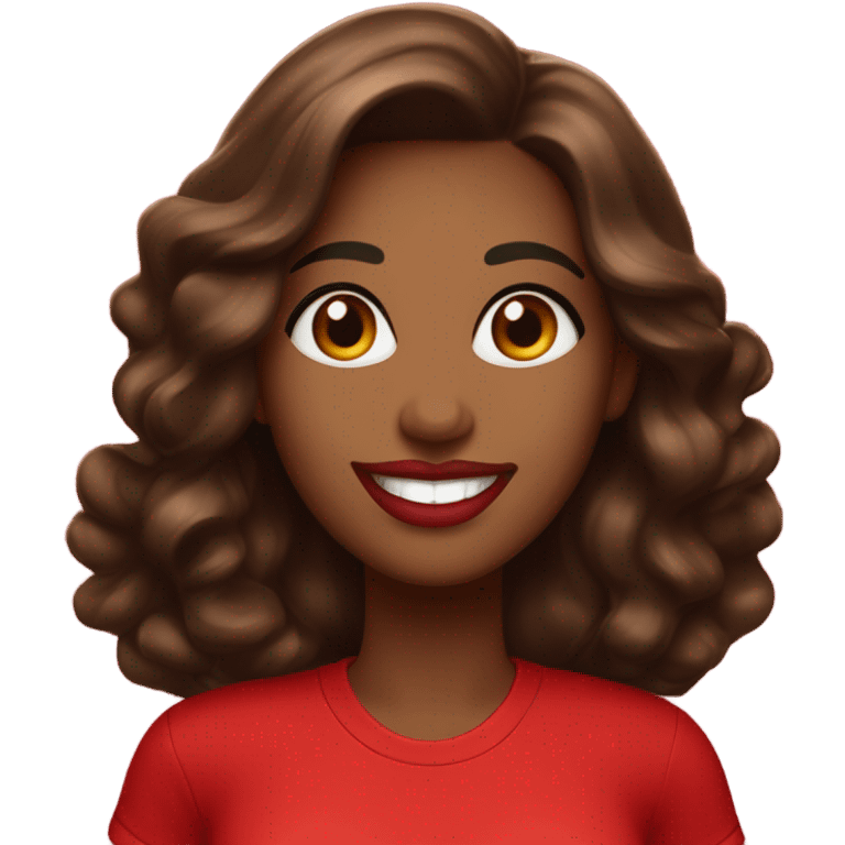 brown lady smiling, medium brown long wavy hair, bright red lips, eyelashes, wearing red “happy Valentine’s Day” t shirt emoji