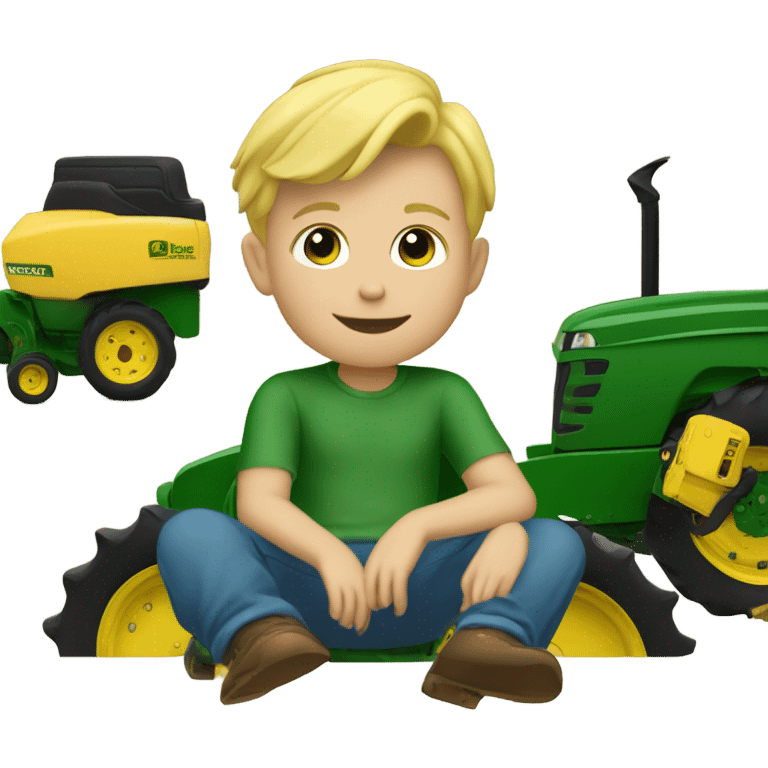 3 year old Blonde headed little boy riding a John Deere tractor emoji