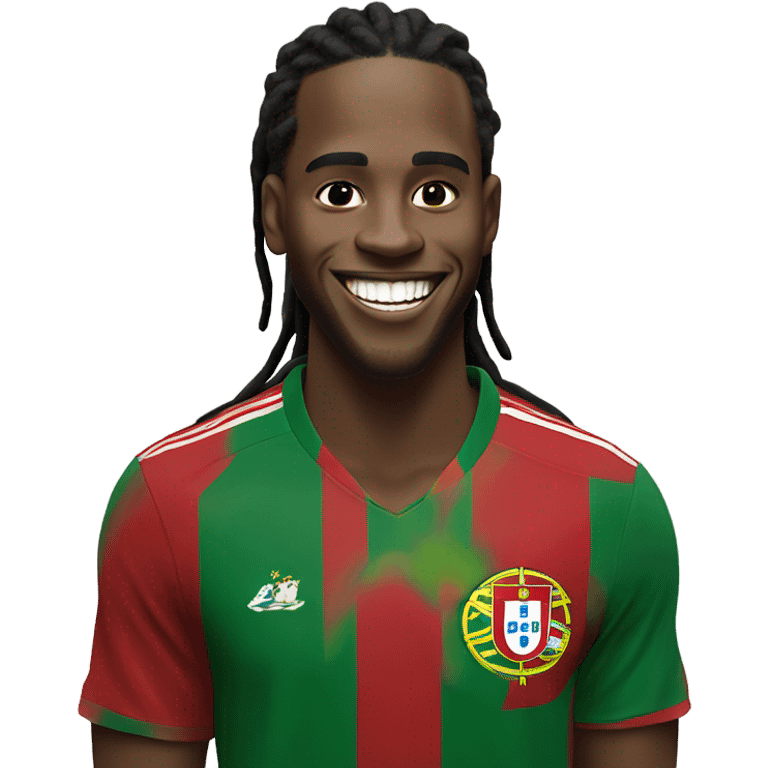  Young black man- short dread locks-  no facial hair laughing Portugal jersey lean crazy smile  emoji