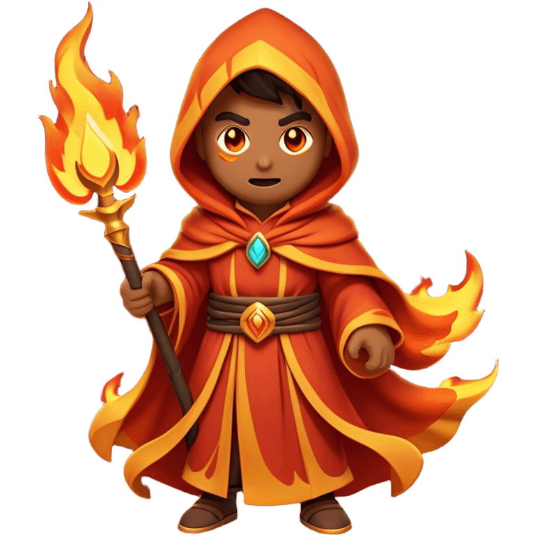 Clash of Clans aesthetic: Cinematic Ferocious Fire Mage Hero closeup Emoji, rendered in a 3D vector-style similar to standard emojis with minimal shading and bold, simplified shapes. A compact, isometric figure draped in flowing, charred and ember-lined robes, wielding a fiery staff crackling with intense flames. Eyes burning with an infernal glow, exuding raw, untamed power. Simplified yet unmistakably iconic, highly detailed and consistent, glowing with a fiery, molten radiance and high shine. Stylized with a touch of menacing sorcery and a searing, ember-infused outline, capturing the essence of a wrathful mage ready to unleash devastating fire magic! emoji