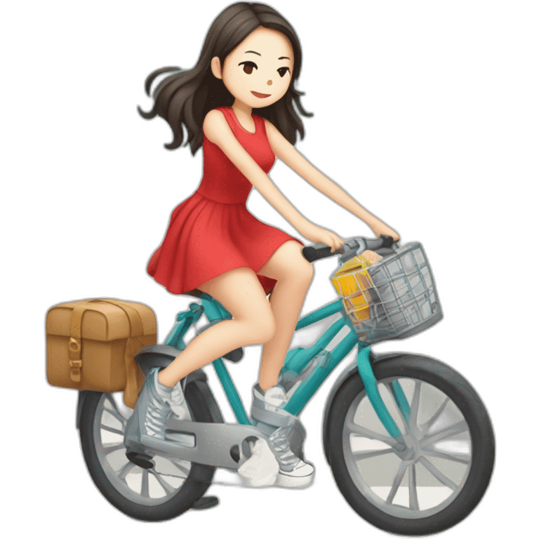 Taiwanese girl with lazy hairstyle wearing red dress and converse shoes riding bicycle and listen music wearing earphone emoji