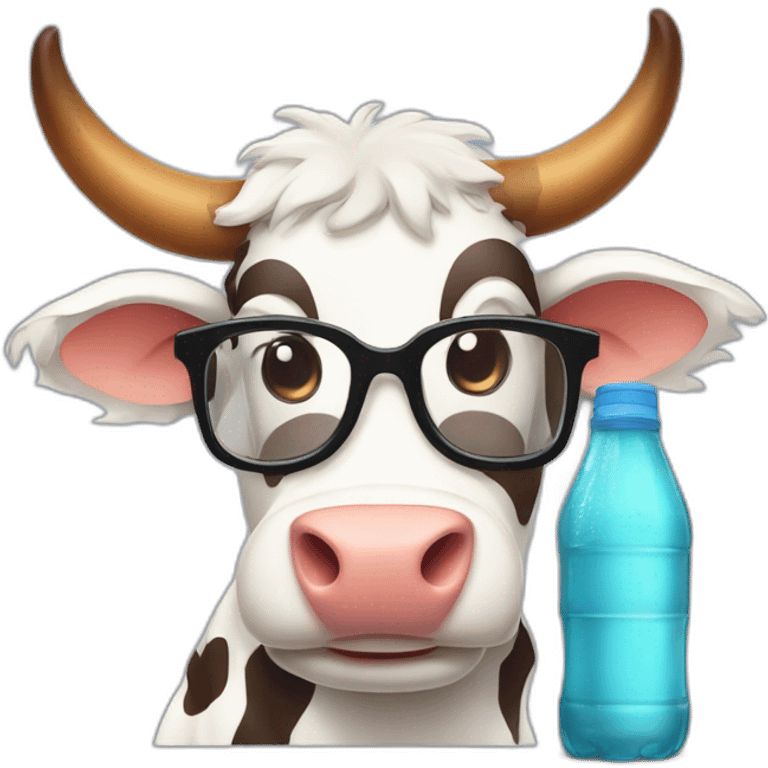 cartoon style cow with glasses drinking bear from bottle emoji