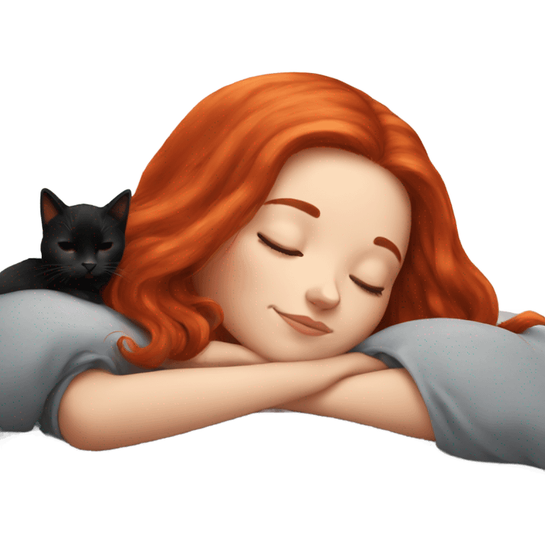 Red hair girl sleeping with black kitty emoji