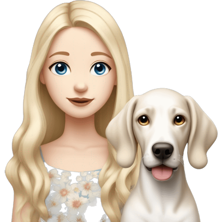 pale skin girl with blue eyes with long blonde hair that has a flower in her hair  holding a English pointer mixed with a lab dog the dog also has a flower in its hair emoji