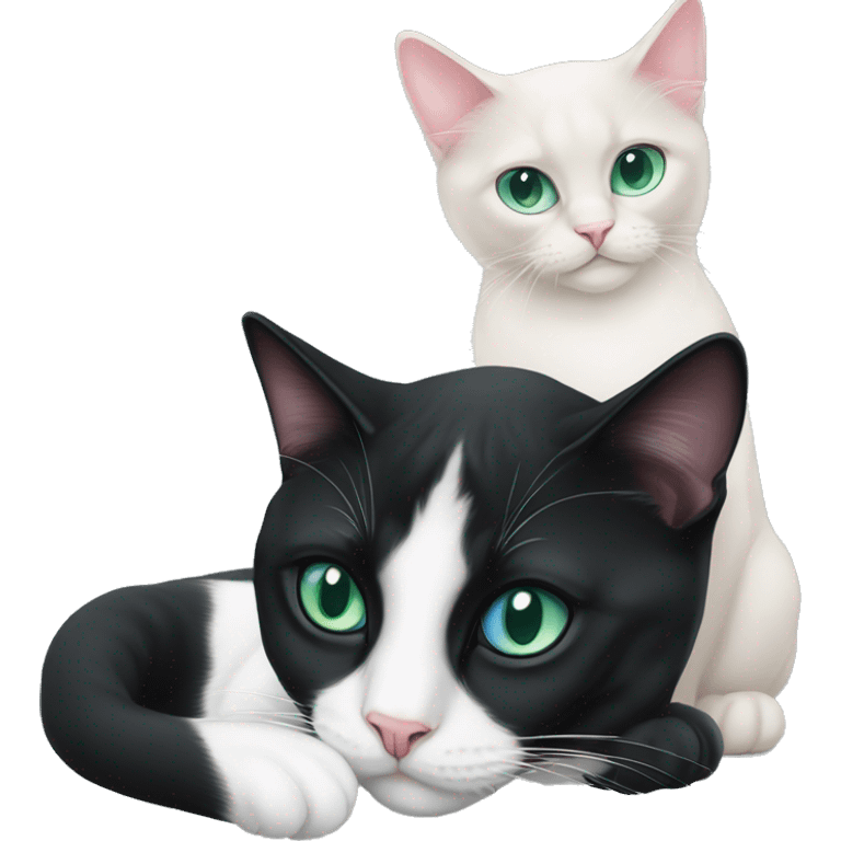 tuxedo cat with green eyes and pink nose laying down with siamese cat with blue eyes emoji