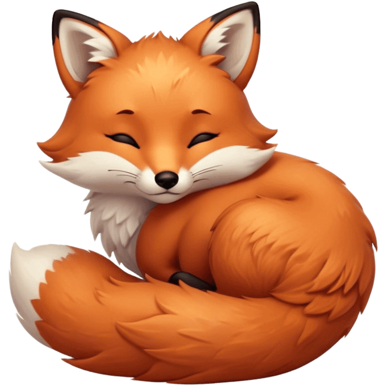 Cinematic cute sleepy fox, curled into a cozy fluffy ball, warm glowing fur, tiny black nose resting on its tail, soft breathing visible, peaceful and charming. emoji