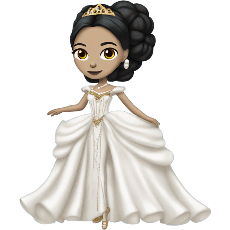 Tall realistic face teen Morticia Addams in as Princess Leia in ruffled pearl-white and blue ballet ball gown with gold accents and accessories  emoji