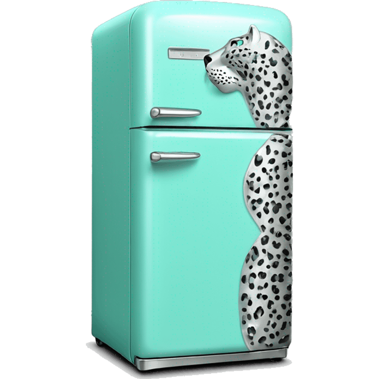 Realistic silver and pastel tiffany blue retro vintage fridge with shiny sparkly glitter and silver leopard print spots on it. emoji