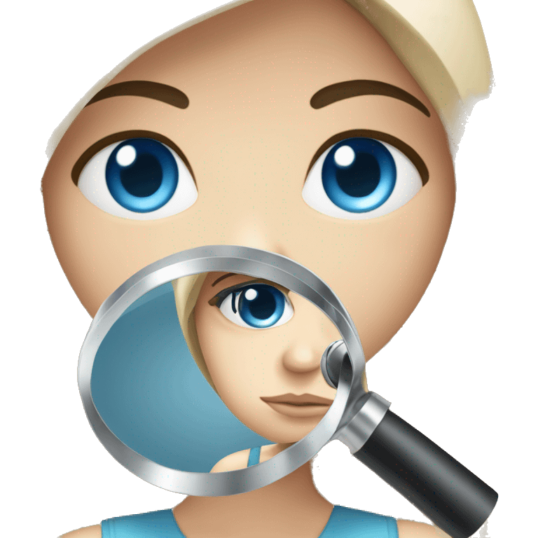 white girl with black hair and blue eyes holding a magnifying glass and suspicious look emoji