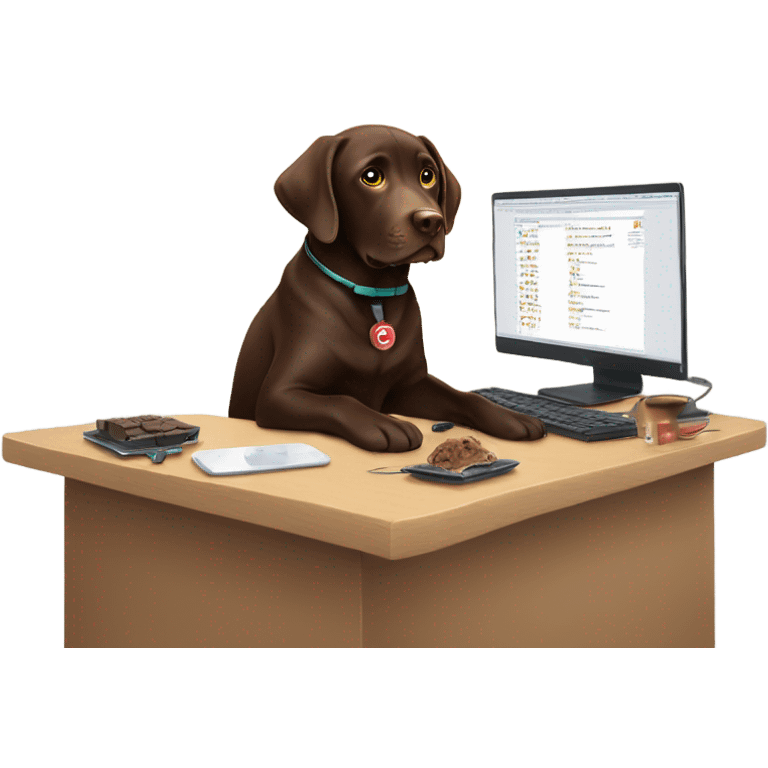 Chocolate lab working on computer with small headset , food on desk emoji