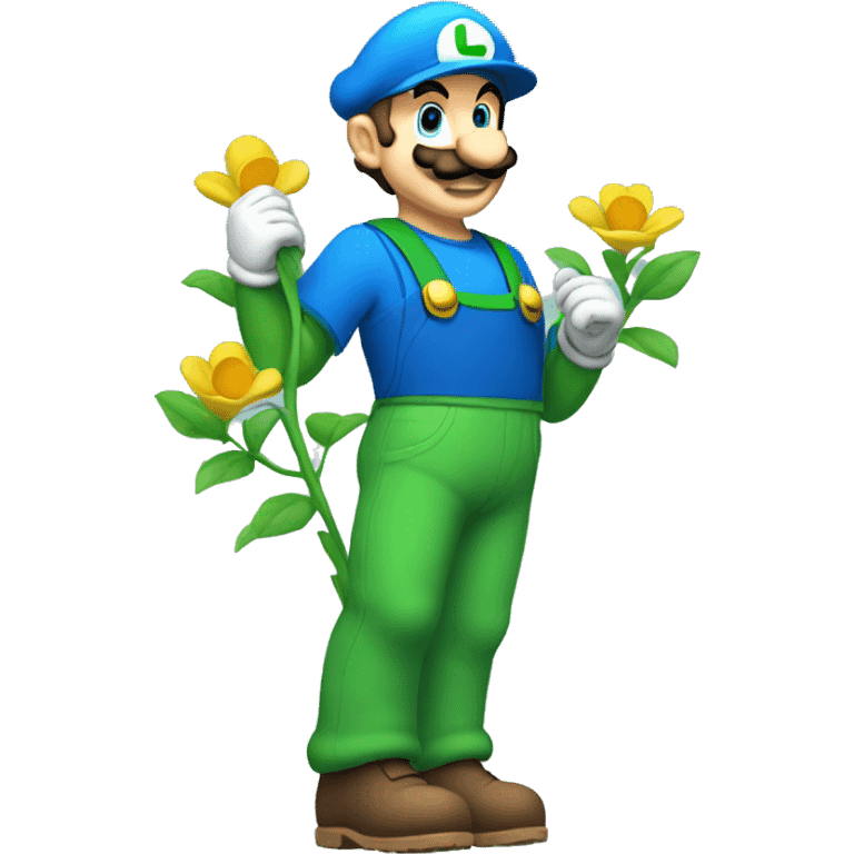 luigi with blue clothes holds a flower emoji