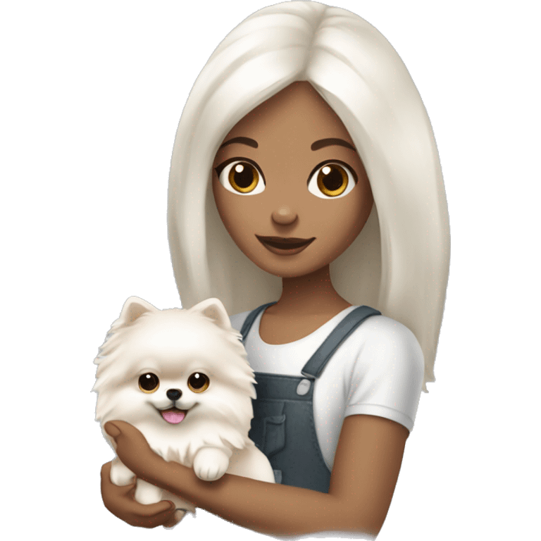 Girl with dark hair white skin holding cream Pomeranian  emoji