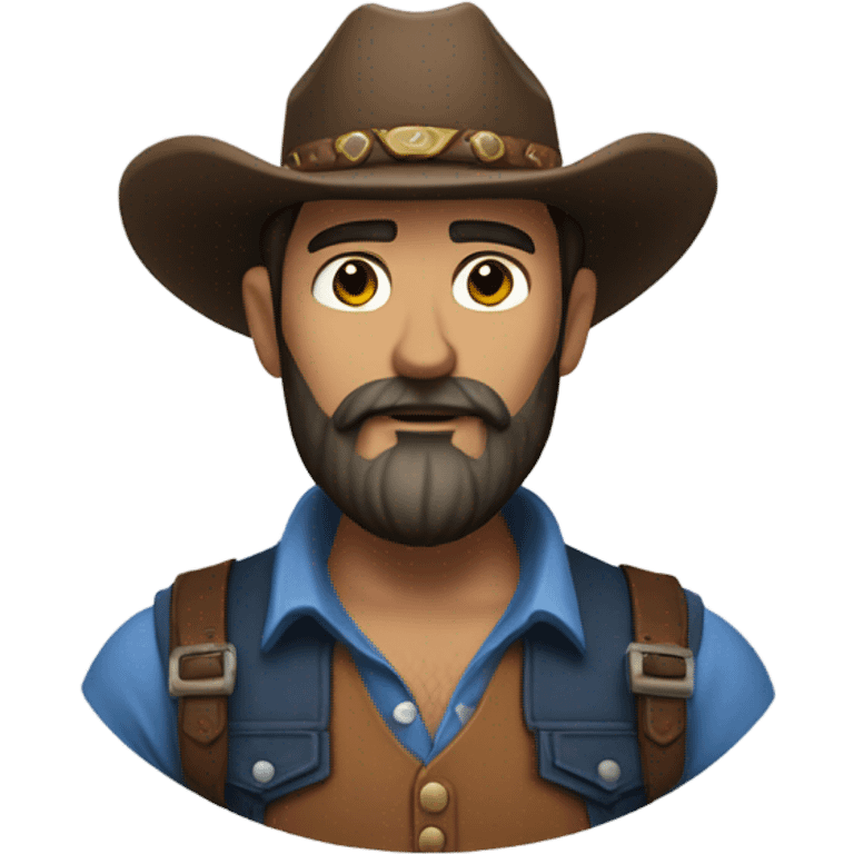 a rugged cowboy with a thick beard, wearing a blue vest over a classic western shirt. He should have a confident stance, showing full torso emoji