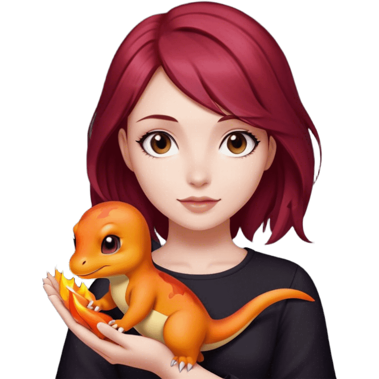 Beautiful burgundy haired girl holding charmander emoji