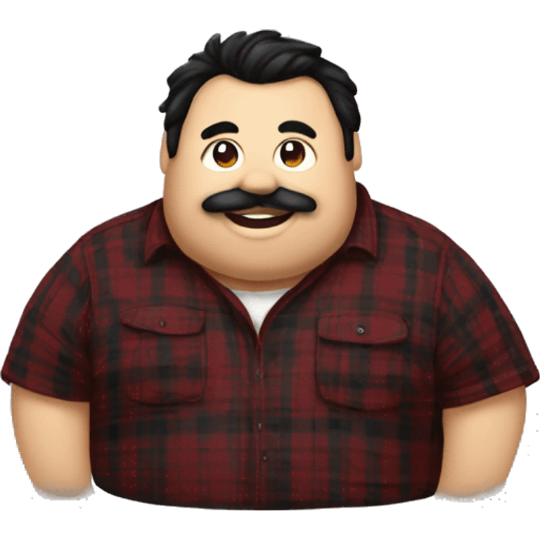 Fat man wearing a darkred and black plaid flannel shirt profile picture, happy, black hair emoji