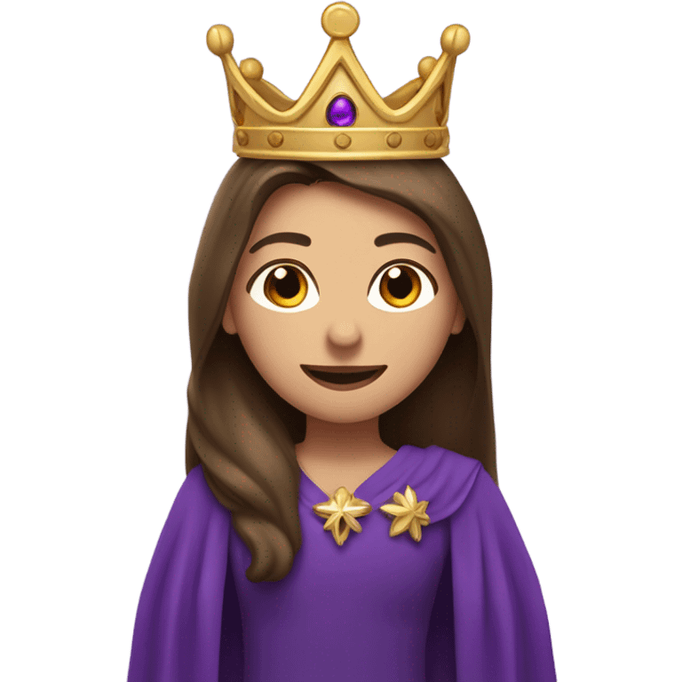 Caucasian long brunette with woman wearing formal royal purple robes and a crown whose face shows hearts to the man she adores  emoji