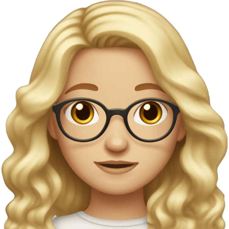 Girl with wavy long hair with blonde highlights, pale skin, red cheeks, brown rounded glasses, oval face, round nose and freckles  emoji