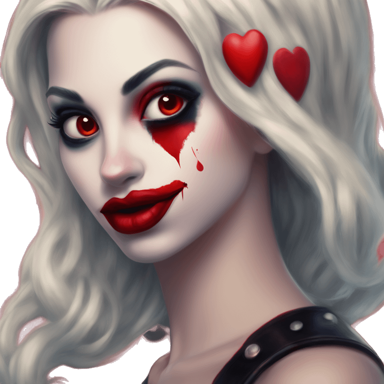 Red lovely heart in Harley Quinn style, oil paint, mysterious eyes, intricate lips, masterpiece portrait, odd perspective, beautiful, desirable, logical emoji