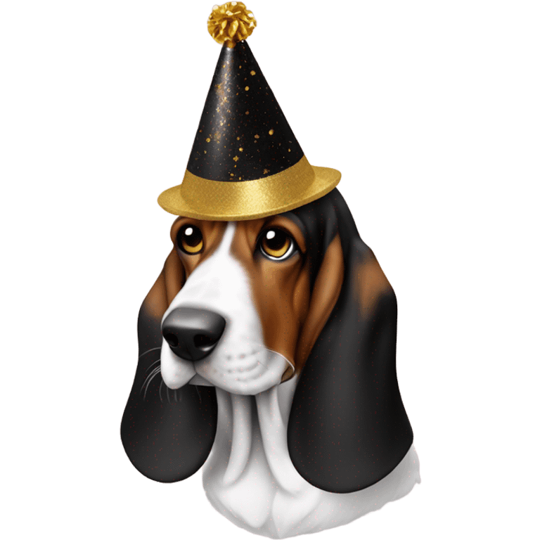 Basset hound with black and gold party hat emoji