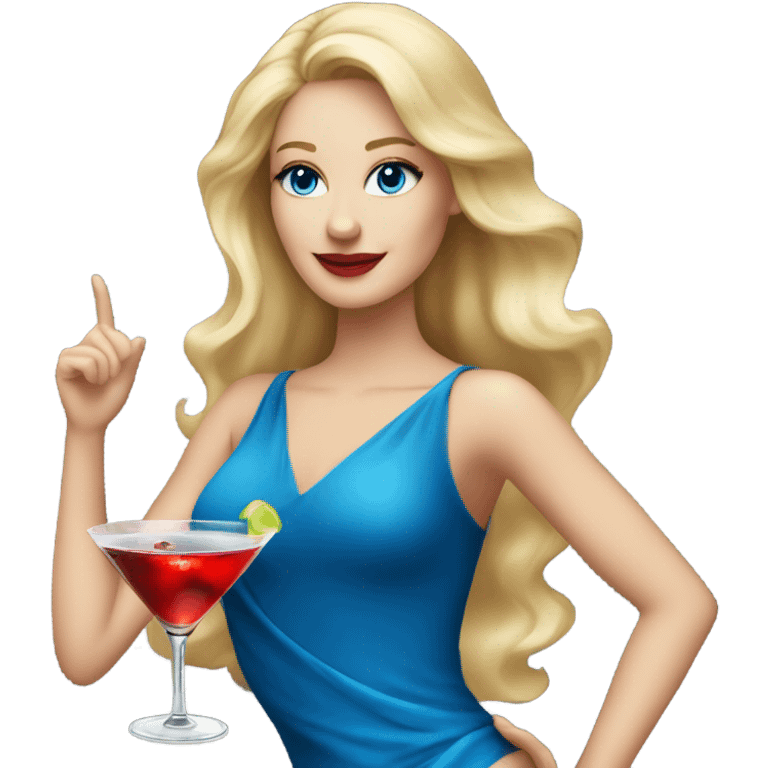 Beautiful blonde white woman with blue eyes red dress dancing with martini emoji