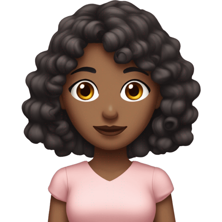 Fair skinned woman with long black curly hair and bangs and dark brown eyes, wearing a pastel pink dress emoji