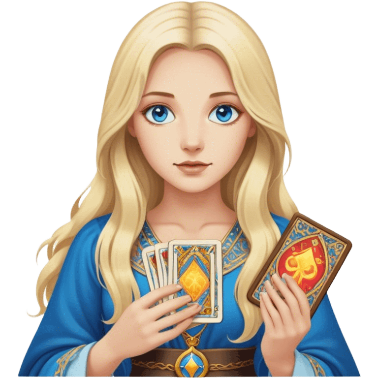 A realistic, modernly dressed blonde with long hair and blue eyes holds tarot cards in her hands emoji