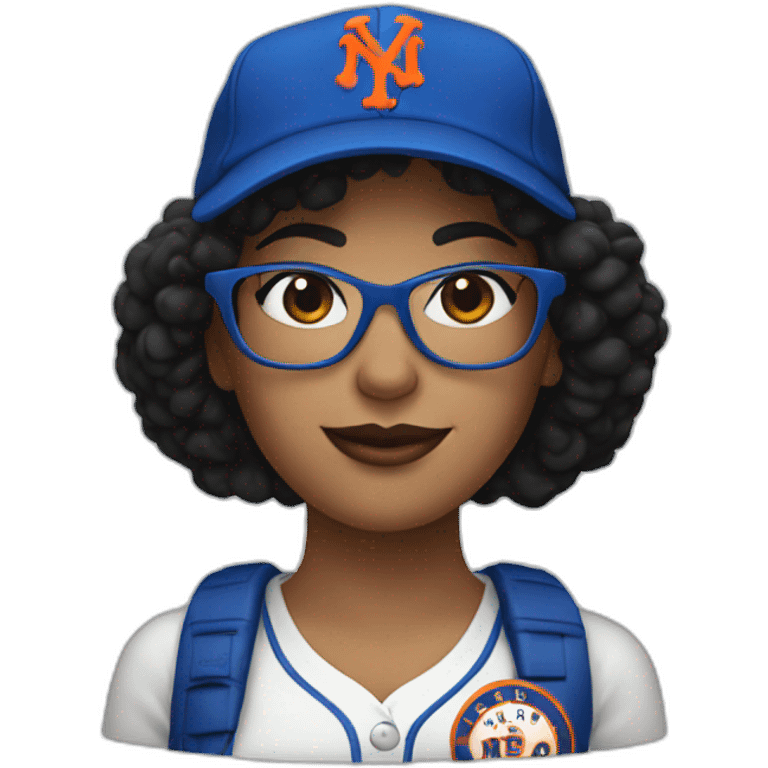 Mom with black curly hair and Mets hat with glasses emoji