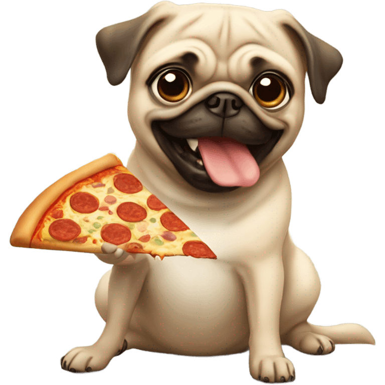 Cute beige pug, having a pizza slice in his mouth playing catch emoji