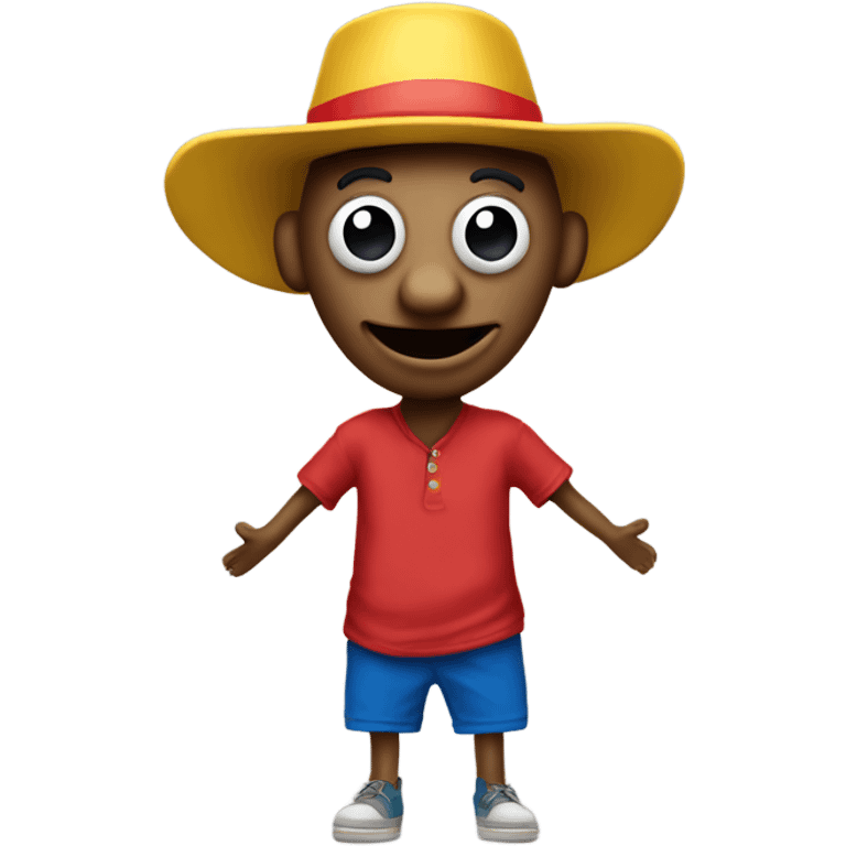 A wooden puppet with a long nose, wearing a red shirt, blue shorts, and a yellow hat, with a cheerful expression. emoji