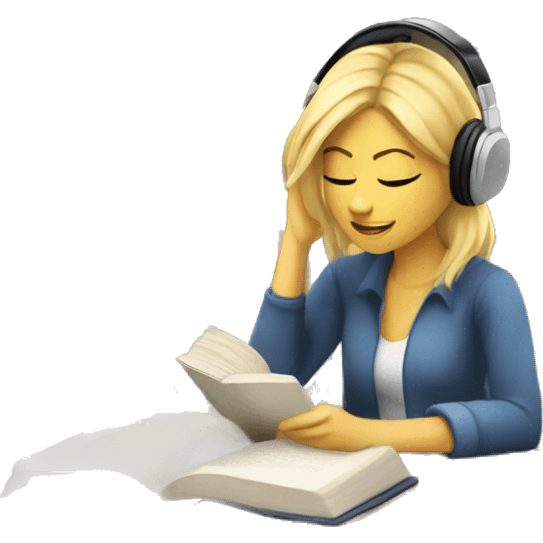 Blonde woman with headphones Studying in library looking at book  emoji