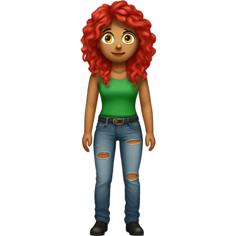 Chica pelo rojo largo ondulado, ojos verdes,cuerpo completo con pantalones vaqueros  rotos y camiseta negra emoji