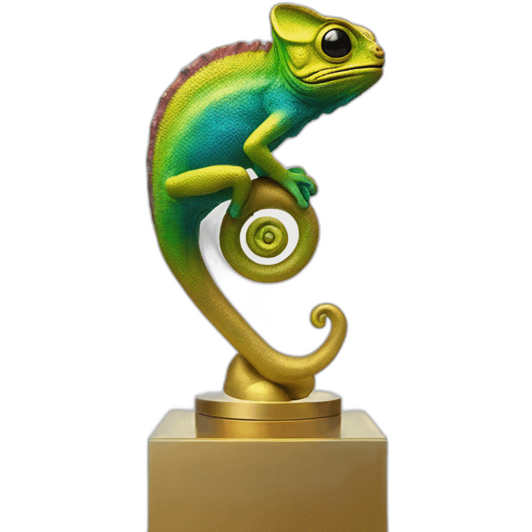 Modern full high resolution color chameleon statue on golden pedestal, close-up view emoji