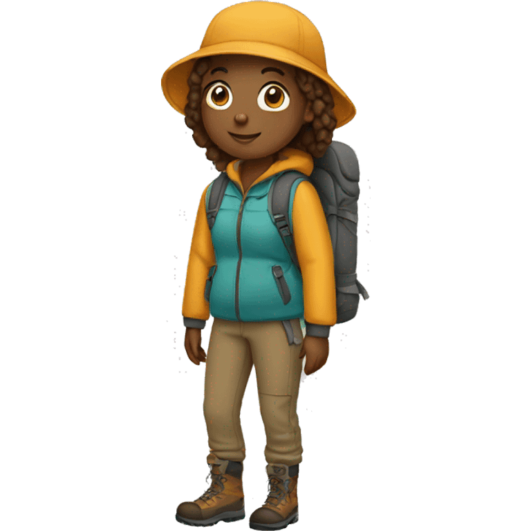 Young adult wears large hiking clothes emoji