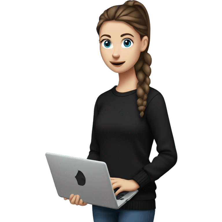 caucasian white IT girl student, holding laptop, blue eyes, dark brown hair ponytail wearing a thick black sweater emoji