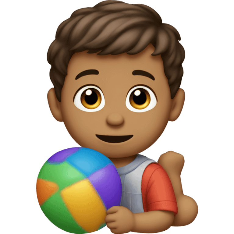 One year old boy short brown hair playing with Sesame Street toy emoji