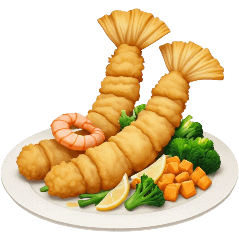 Cinematic Realistic Tempura Dish Emoji, depicted as lightly battered and fried seafood and vegetables rendered with delicate textures and crisp, inviting lighting. emoji