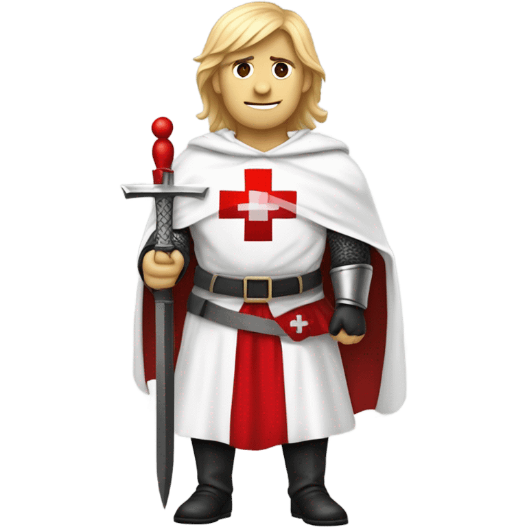 blond haired Masonic knight Templar wearing a white tunic with a Red Cross on the front and a white mantle with a hood with a Red Cross on the left side and a male face  and holding a sword. emoji