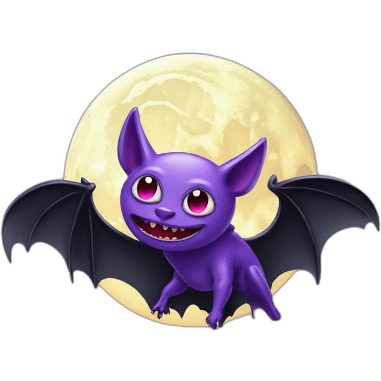 purple and black evil face vampire bat anime sparkle eyes wings flying in front of large dripping crescent moon emoji