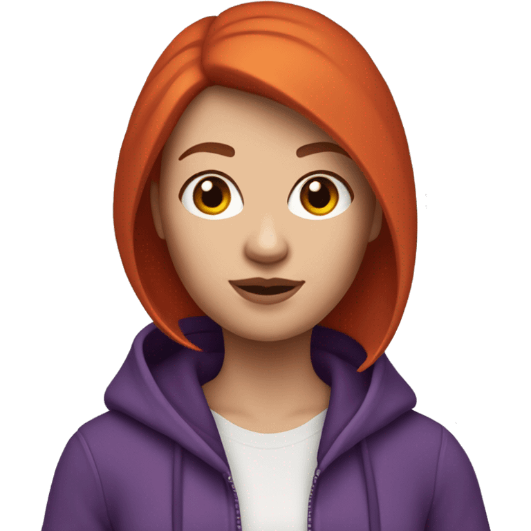 memoji of a woman with a laptop in front, 
apple-style,
modern,
red hair,
purple zip-hoodie,
computer in hand, 
white skin, 
an avatar image gonna be round  emoji