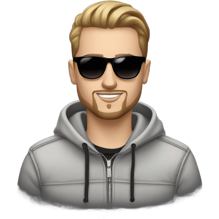 23y old white guy with brown slickback hair and goatee beard wearing sportstyle sunglasses. Balenciaga louis vitton guess  emoji