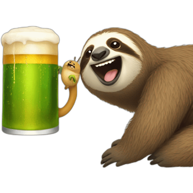 sloth with beer in hand riding a smiling caterpillar emoji