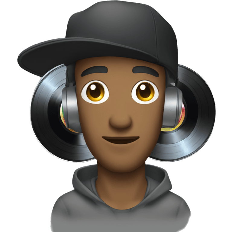 Man wearing cap with vinyl records emoji