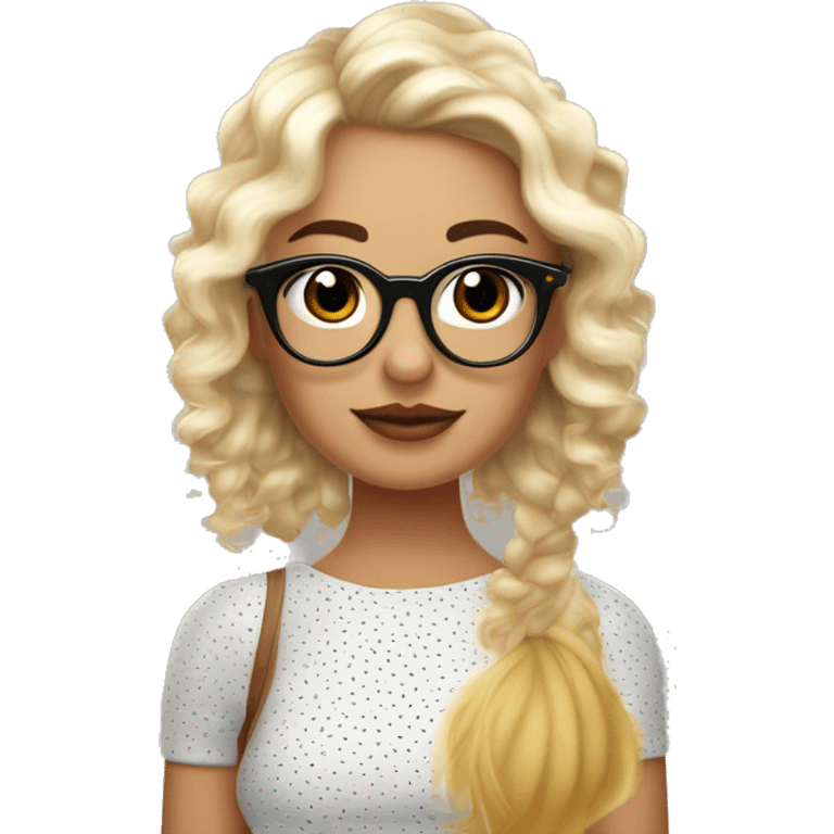 que sea una chica con cabello color cafe y con gafas doradas y delgaditas pero muy bella que sea blanca de piel juento a  un chico con dos lunares arriba de la boca y peinado de sombrillita pero muy bello emoji