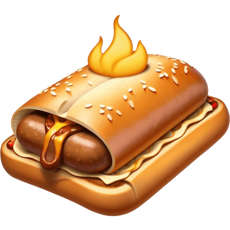 Sausage Sizzle Cinematic Realistic Sausage Sizzle Dish Emoji, depicted as a sizzling sausage tucked into a triangular slice of bread, rendered with rich textures and dynamic, warm lighting. emoji