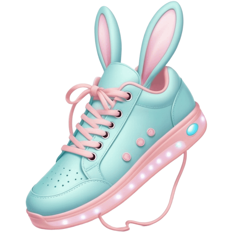 Cute Kawaii Shoe, small and bouncy, soft pastel sneakers with glowing highlights, cute sparkling eyes, a happy cheerful expression, laces tied like bunny ears! emoji