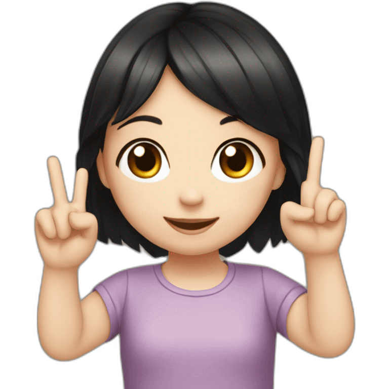 Generate an image of a small girl with fair skin and black hair showing a sign with her hand three fingers up, two closed emoji