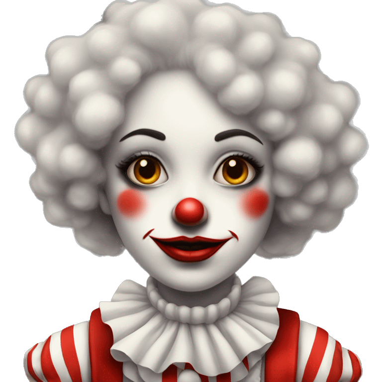 Old fashioned girl clown in fluffy collar with clown makeup in a white and red striped clown outfit  emoji